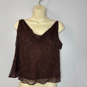 Newport News VGT Silk Cowl Neck Beaded Cami Spaghetti Strap Top Brown Y2K Sz 2X